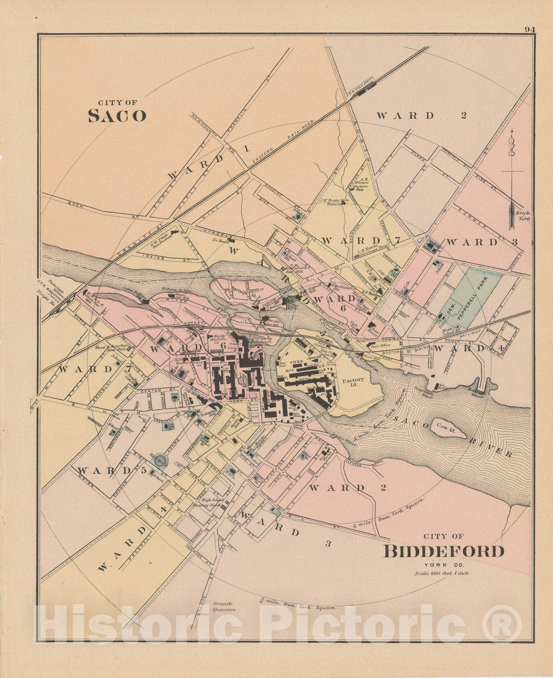 Historic Map : Atlas of Maine, Biddeford & Saco 1885 , Vintage Wall Art