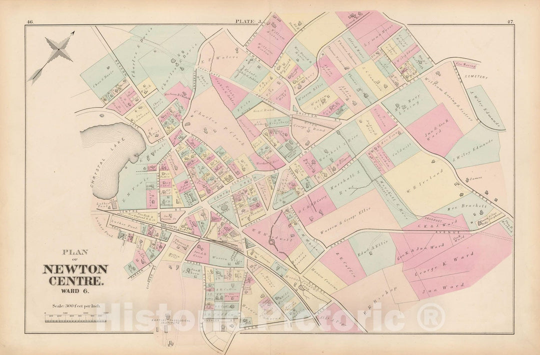 Historic Map : City of Newton, Middlesex County, Newton 1874 Plate J , Vintage Wall Art