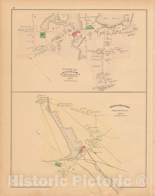 Historic Map : Atlas of Plymouth County Massachusetts, Agawam & Wareham 1879 , Vintage Wall Art
