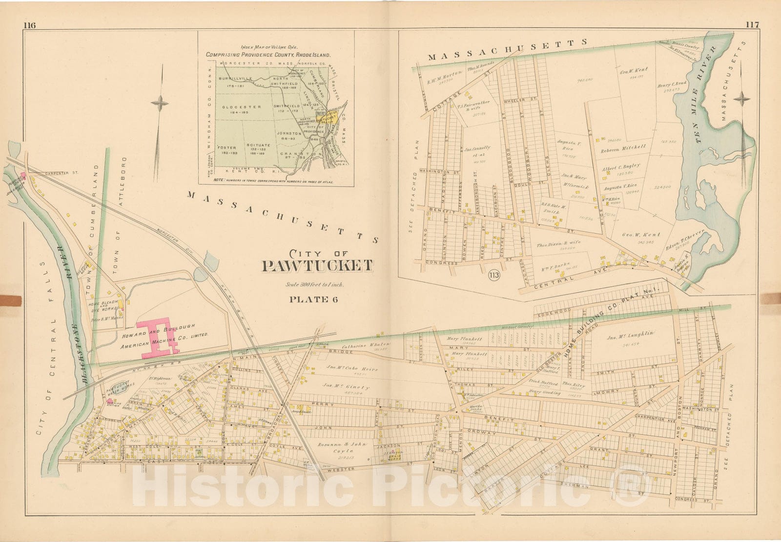 Historic Map : Atlas of Providence County, Pawtucket 1895 Plate 006 , Vintage Wall Art