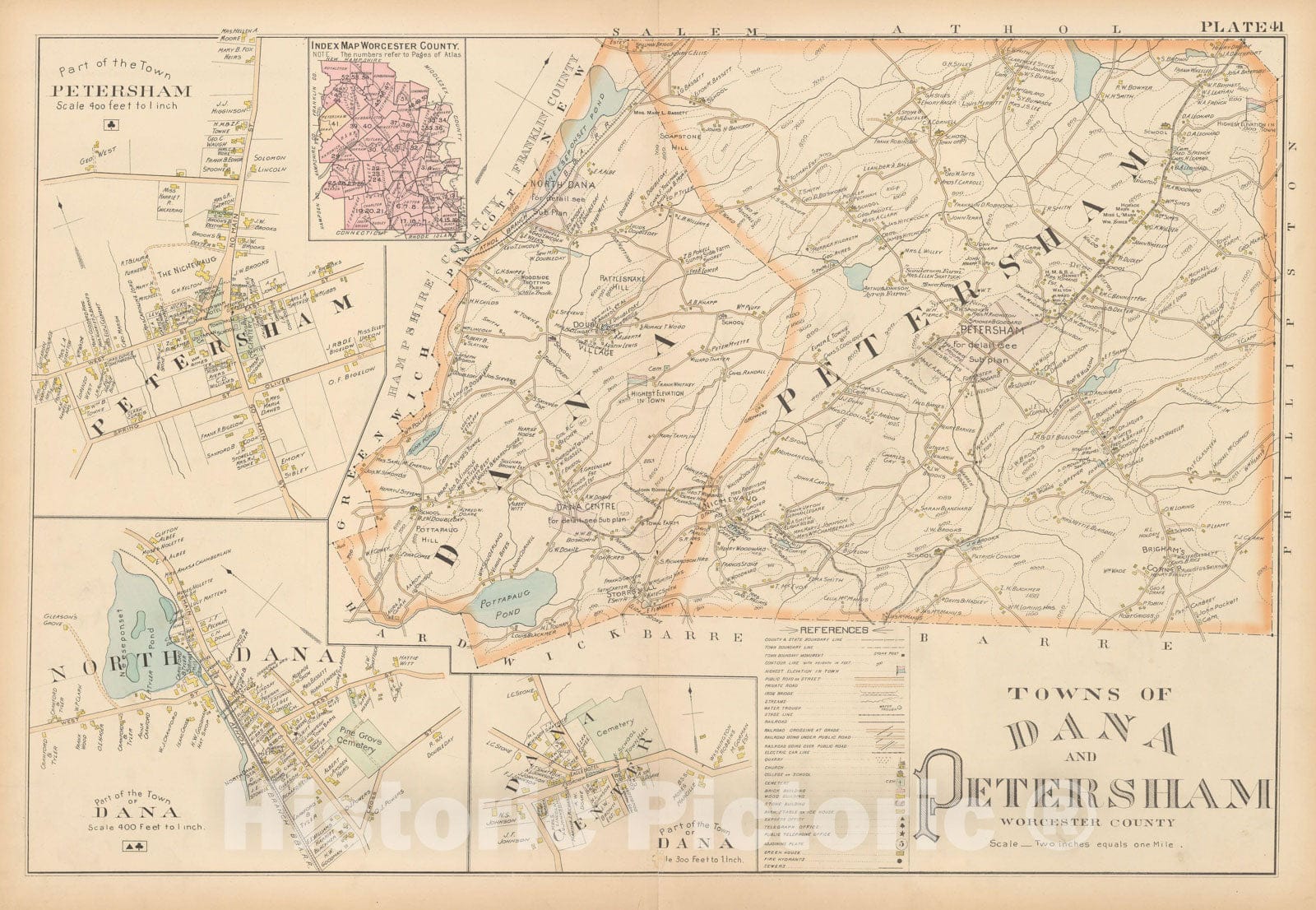 Historic Map : New Topo Atlas County of Worcester, Dana & Petersham 1898 Plate 041 , Vintage Wall Art