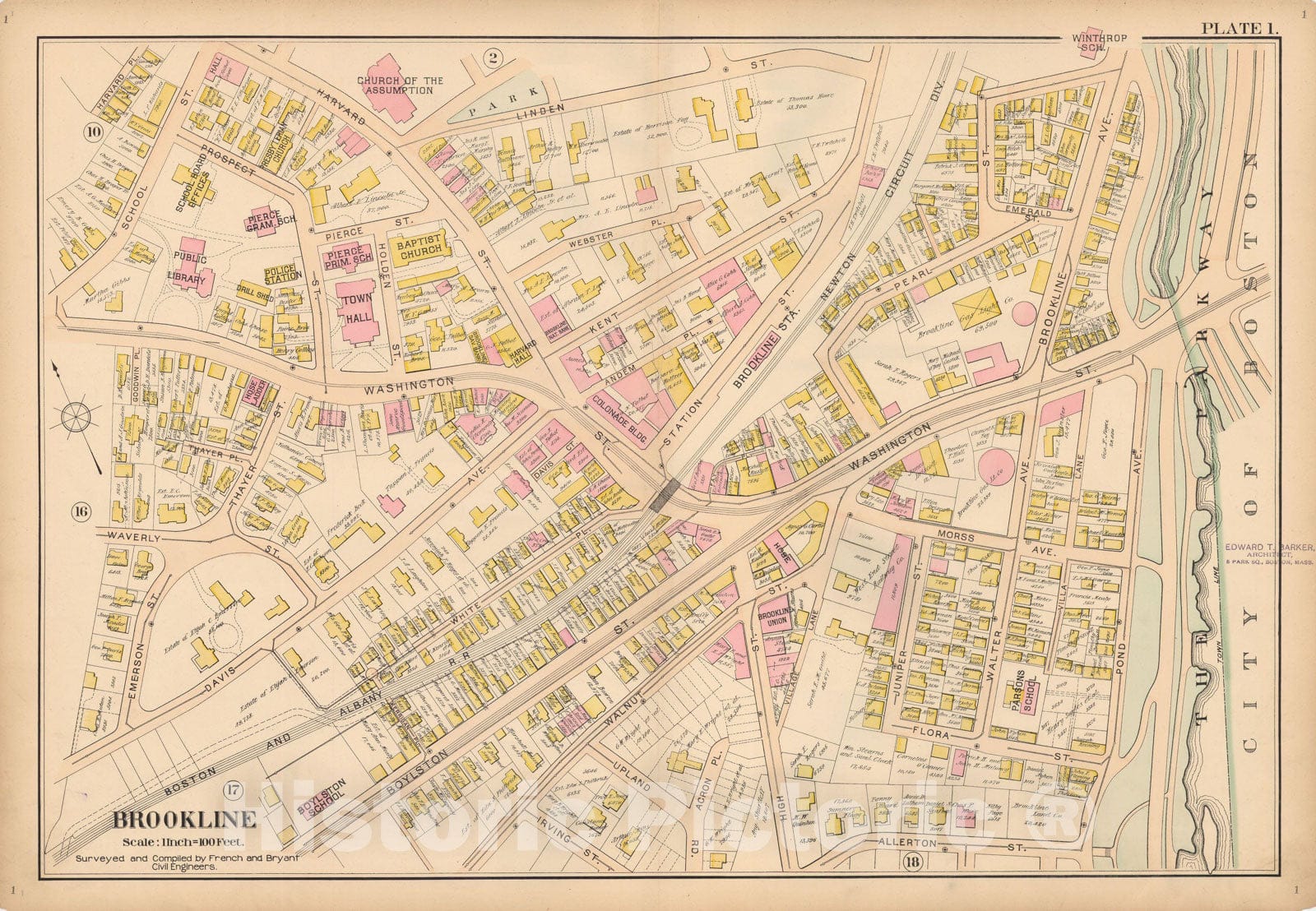 Historic Map : Atlas Town of Brookline, Brookline 1897 Plate 001 , Vintage Wall Art