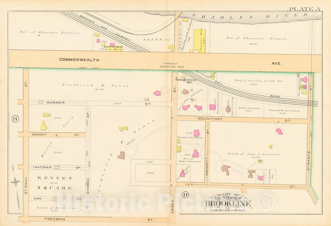 Historic Map : Atlas Town of Brookline, Brookline 1888 Plate A , Vintage Wall Art