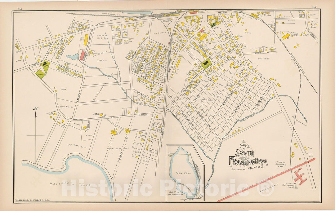 Historic Map : Atlas of Middlesex County, Massachusetts, Framingham & South Framingham 1889 , Vintage Wall Art