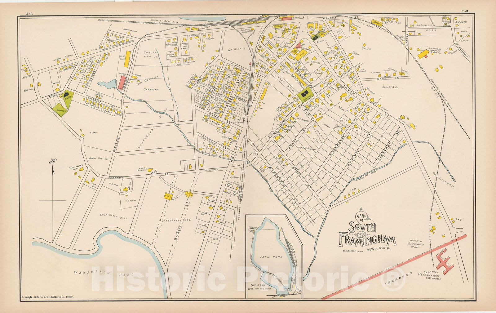 Historic Map : Atlas of Middlesex County, Massachusetts, Framingham & South Framingham 1889 , Vintage Wall Art
