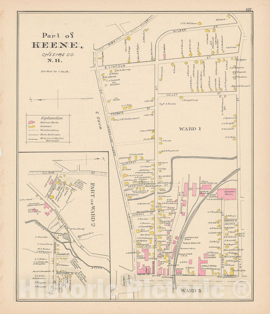 Historic Map : Keene 1892 , Town and City Atlas State of New Hampshire , Vintage Wall Art