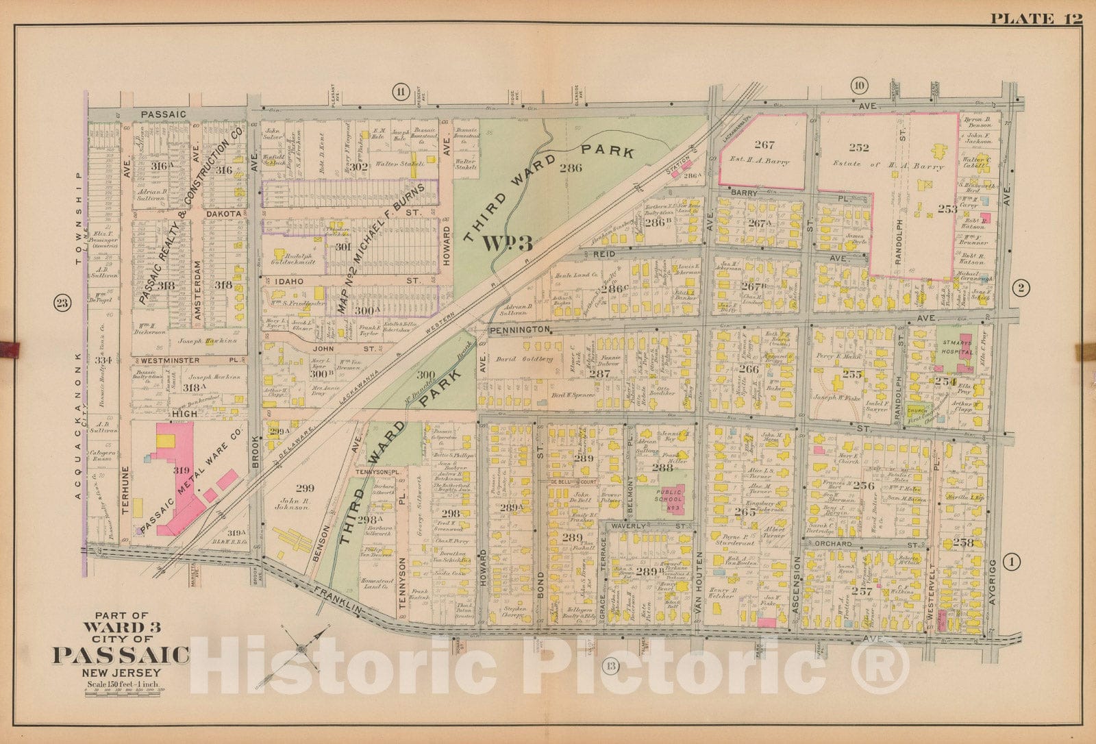 Historic Map : Atlas City of Passaic and Acquackanon Township County New Jersey 1916 Plate 012 , Vintage Wall Art