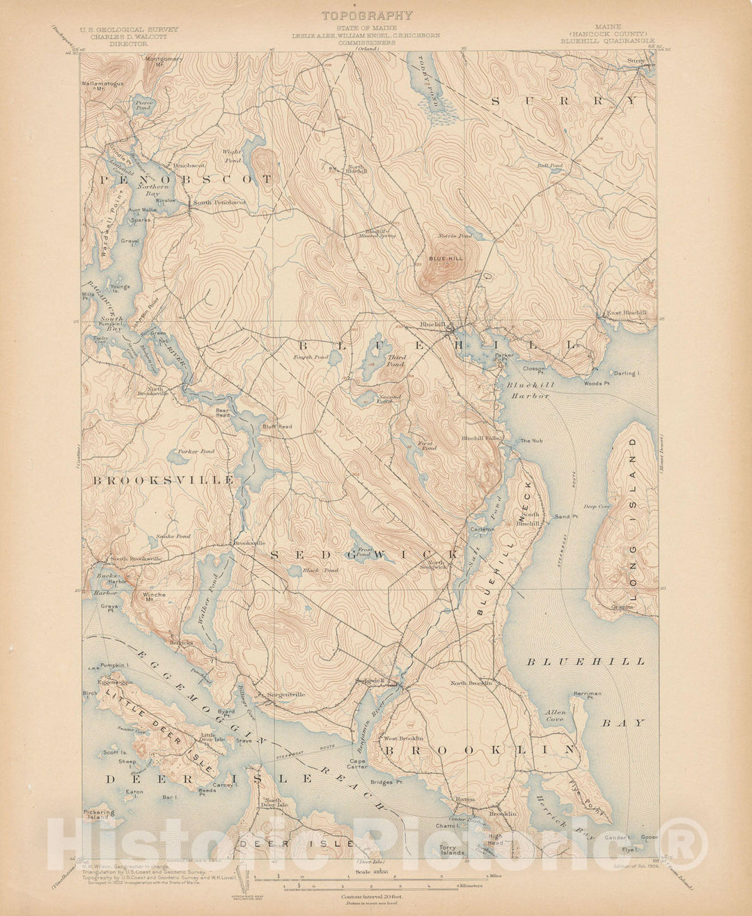 Historic Map : Atlas of Maine 1905, Bluehill & Brooklin & Penobscot Bay & Sedgwick 1905 Topographic Map , Vintage Wall Art