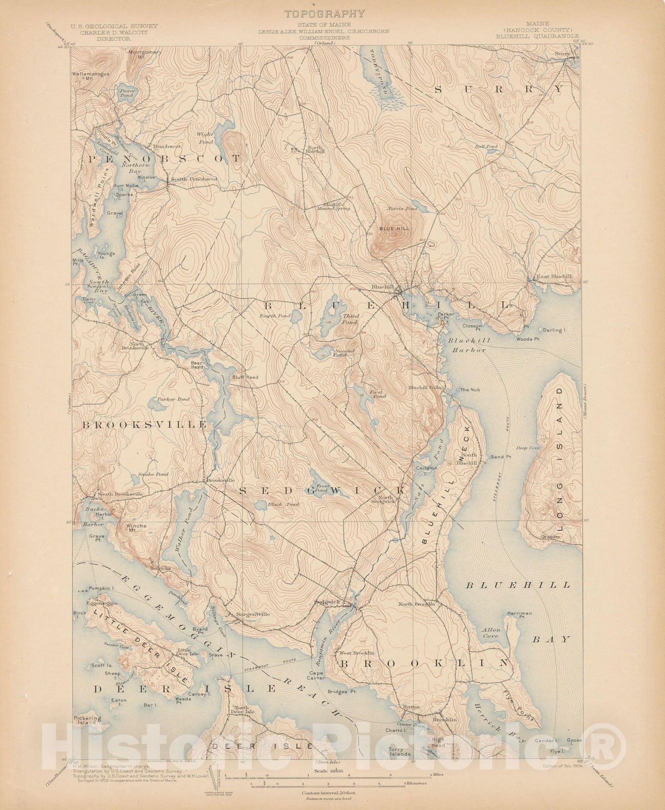 Historic Map : Atlas of Maine 1905, Bluehill & Brooklin & Penobscot Bay & Sedgwick 1905 Topographic Map , Vintage Wall Art