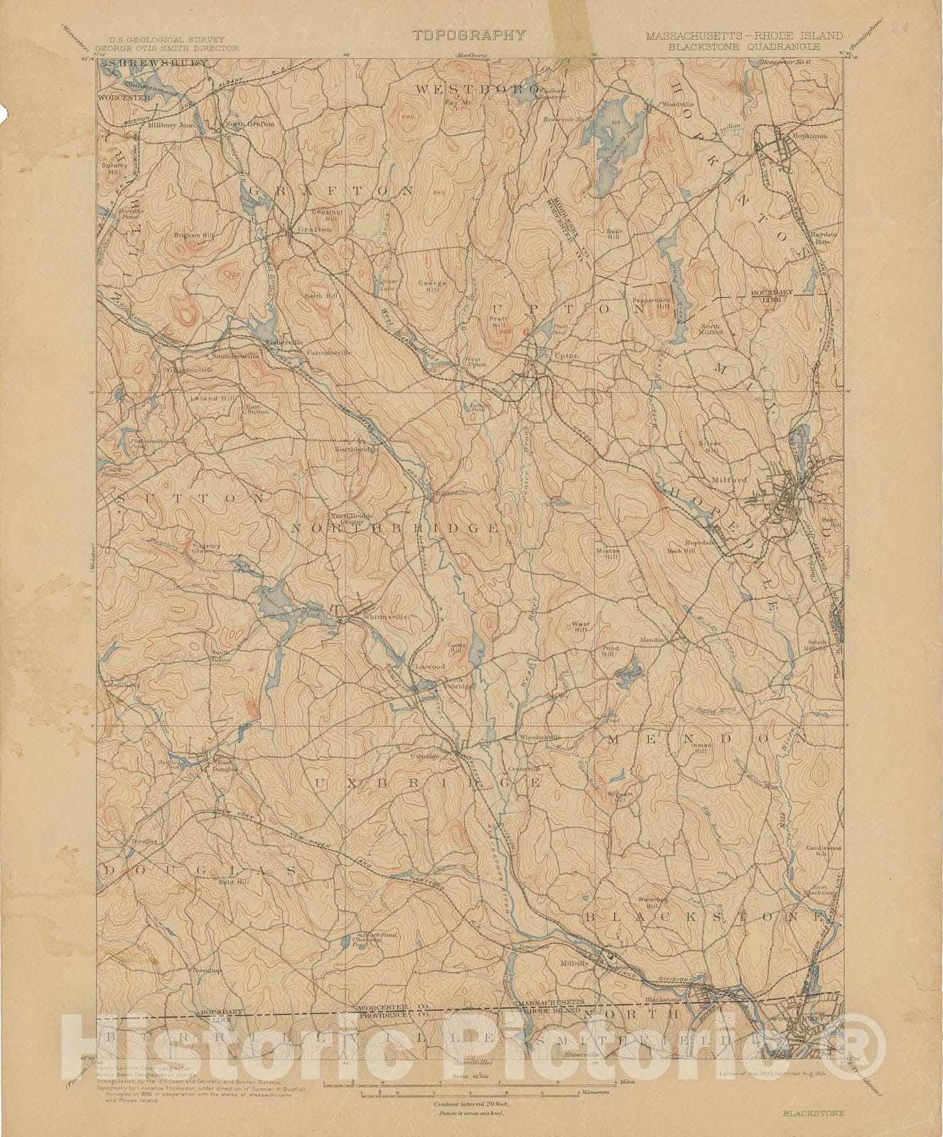 Historic Map : USGS 7.5 Minute Quadrangles, Blackstone & Grafton & Hopedale & Milford & Upton & Uxbridge 1914 Topographic Map , Vintage Wall Art