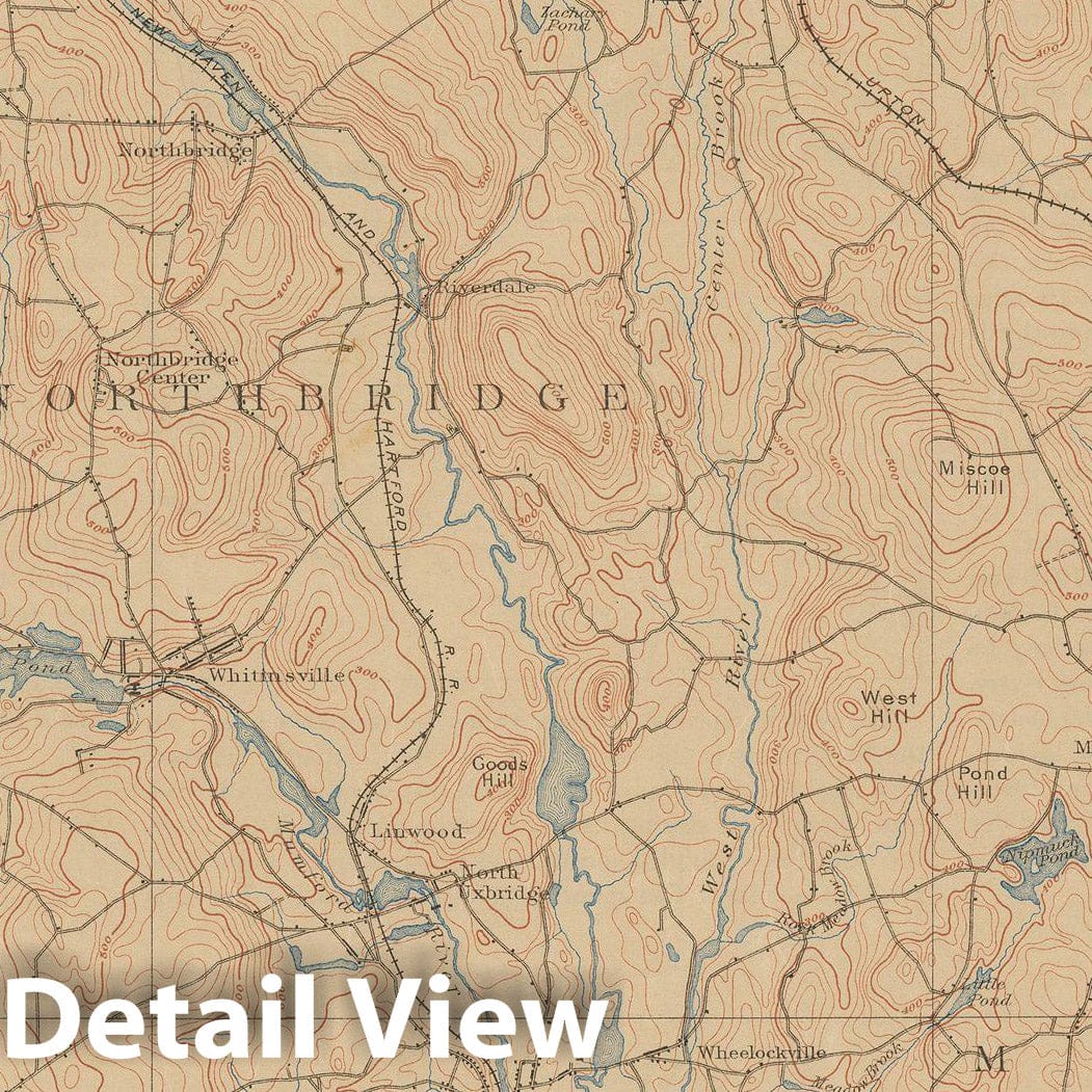 Historic Map : USGS 7.5 Minute Quadrangles, Blackstone & Grafton & Hopedale & Milford & Upton & Uxbridge 1914 Topographic Map , Vintage Wall Art