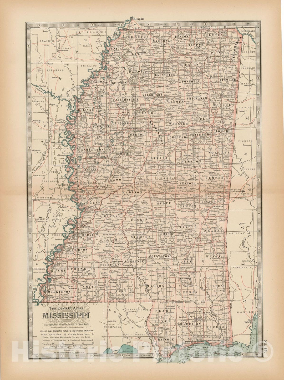Historic Map : Mississippi 1897 , The Century Atlas World , Vintage Wall Art