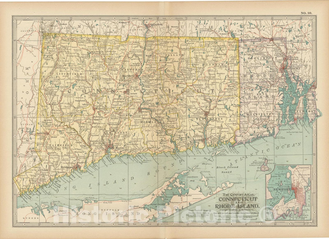 Historic Map : Connecticut & Rhode Island 1914 , Century Atlas of the World, Vintage Wall Art