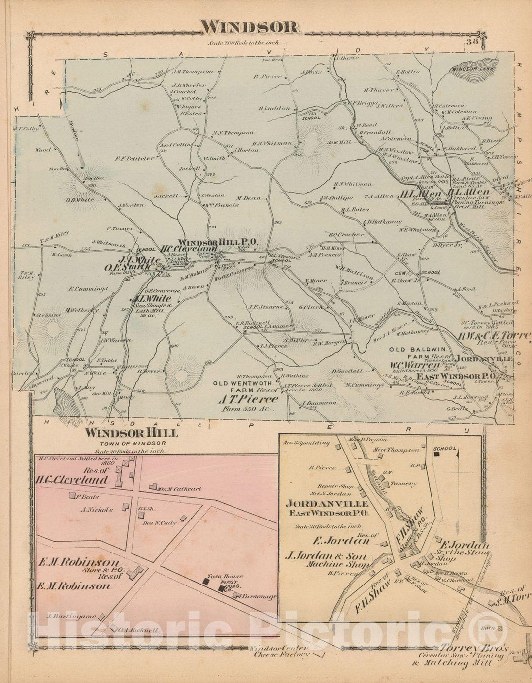 Historic Map : County Atlas of Berkshire County, Windsor 1876 , Vintage Wall Art