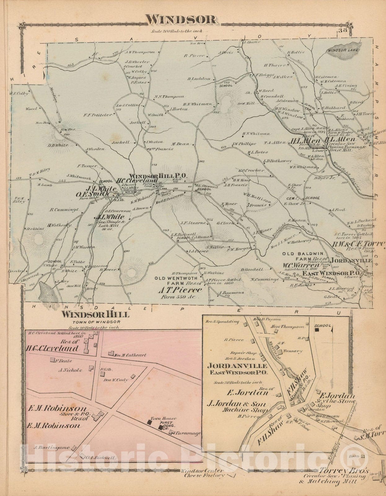 Historic Map : County Atlas of Berkshire County, Windsor 1876 , Vintage Wall Art