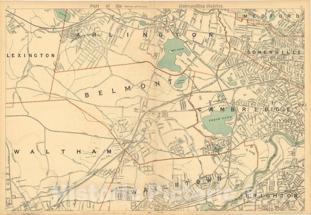 Historic Map : Atlas of Massachusetts, Arlington & Belmont & Brighton & Cambridge & Somerville & Waltham & Watertown 1904 , Vintage Wall Art