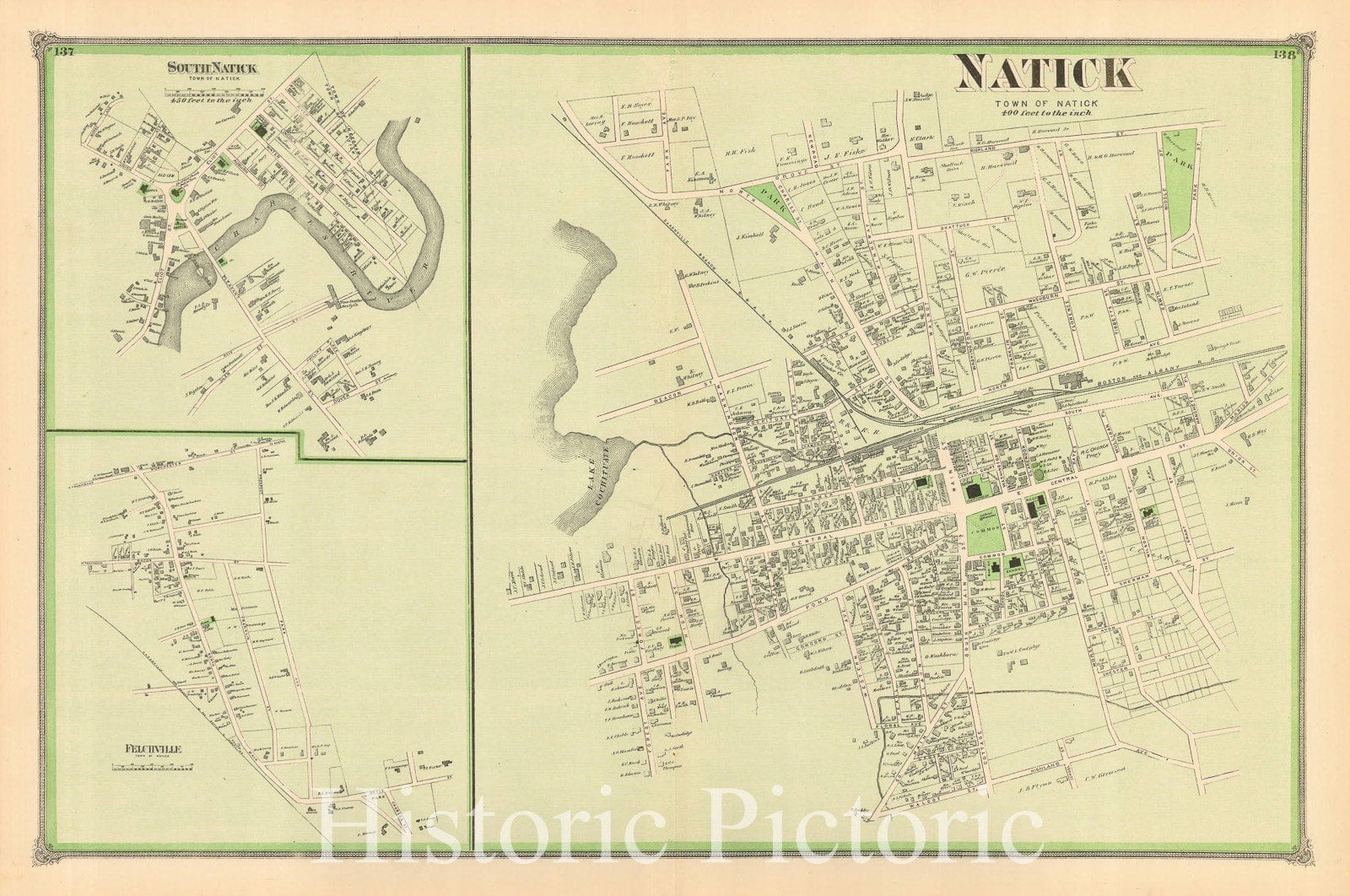 Historic Map : County Atlas of Middlesex Massachusetts, Natick 1875 , v2, Vintage Wall Art