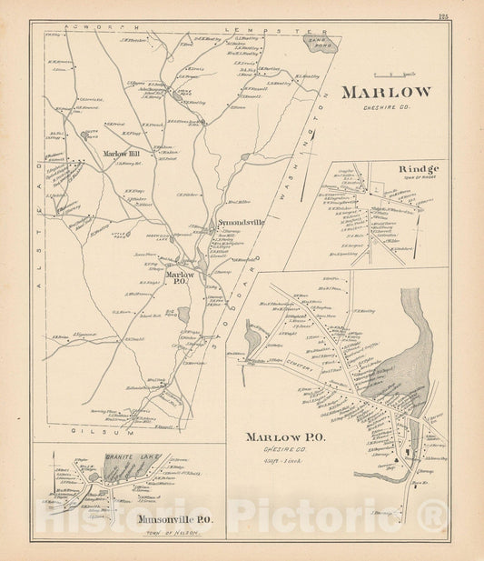 Historic Map : Marlow & Nelson 1892 , Town and City Atlas State of New Hampshire , Vintage Wall Art