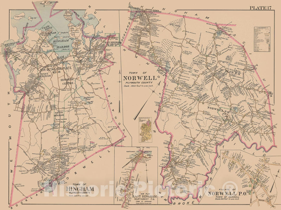 Historic Map : MA, Hingham & Norwell 1903 Plate 017 , New Topographical Atlas of Surveys of Plymouth County ... , Vintage Wall Art