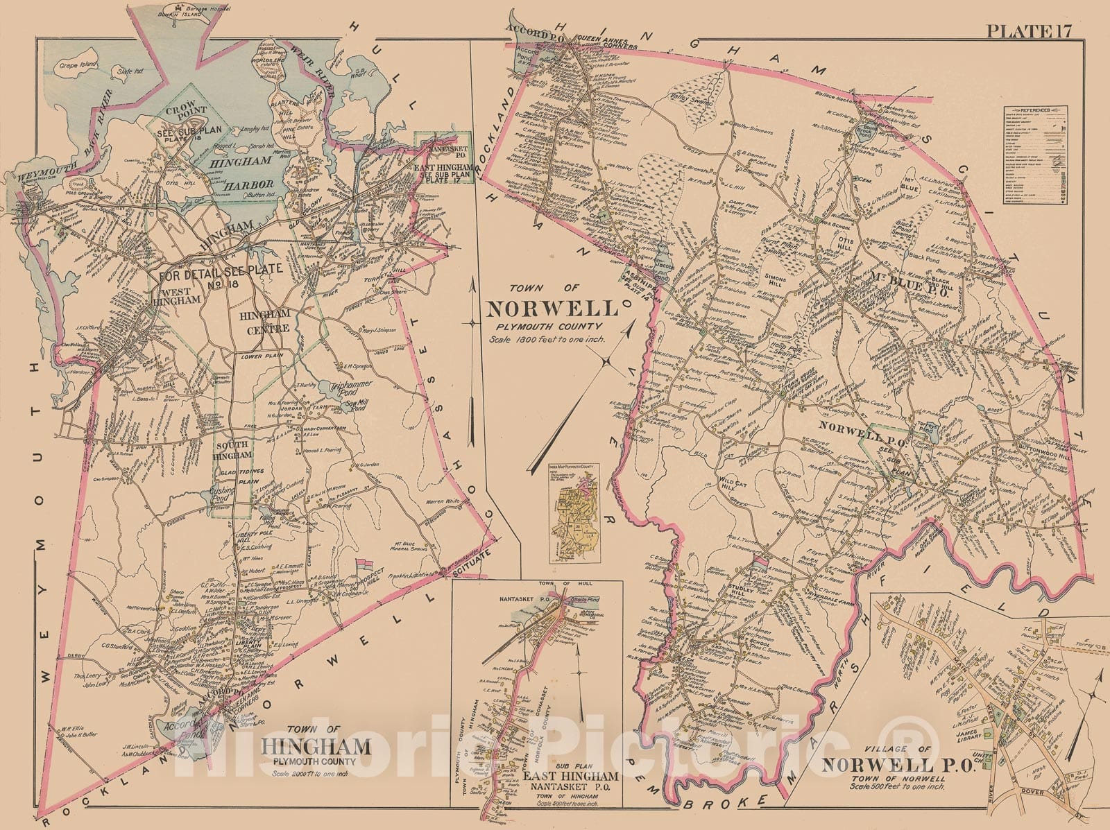 Historic Map : MA, Hingham & Norwell 1903 Plate 017 , New Topographical Atlas of Surveys of Plymouth County ... , Vintage Wall Art