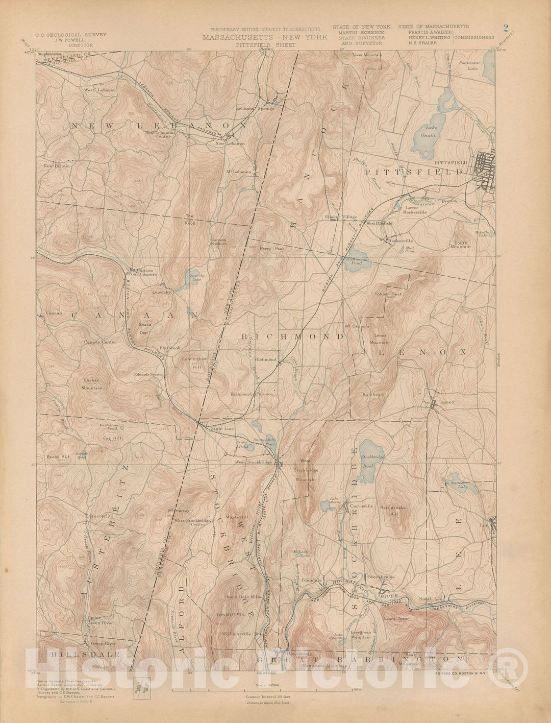 Historic Map : Atlas of Massachusetts, Canaan & Lenox & New Lebanon & Pittsfield & Richmond & Stockbridge 1890 Page 002 , Vintage Wall Art