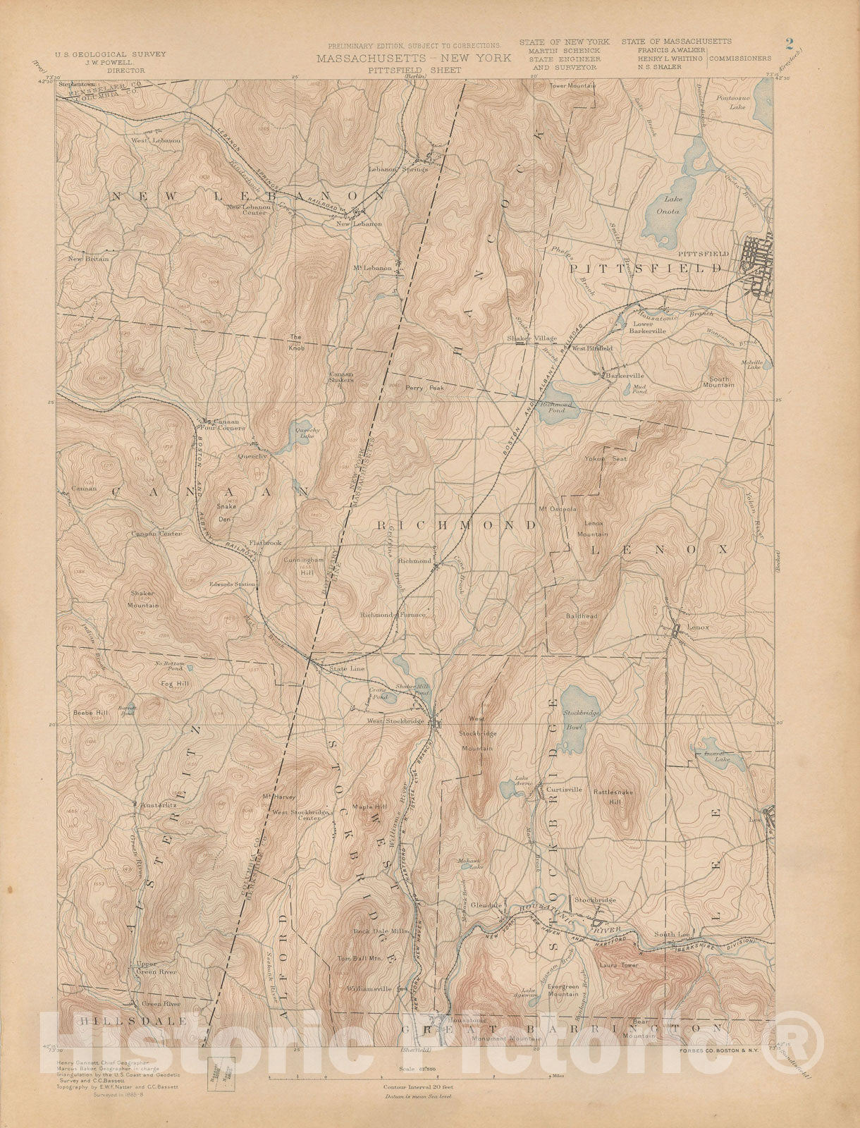 Historic Map : Atlas of Massachusetts, Canaan & Lenox & New Lebanon & Pittsfield & Richmond & Stockbridge 1890 Page 002 , Vintage Wall Art