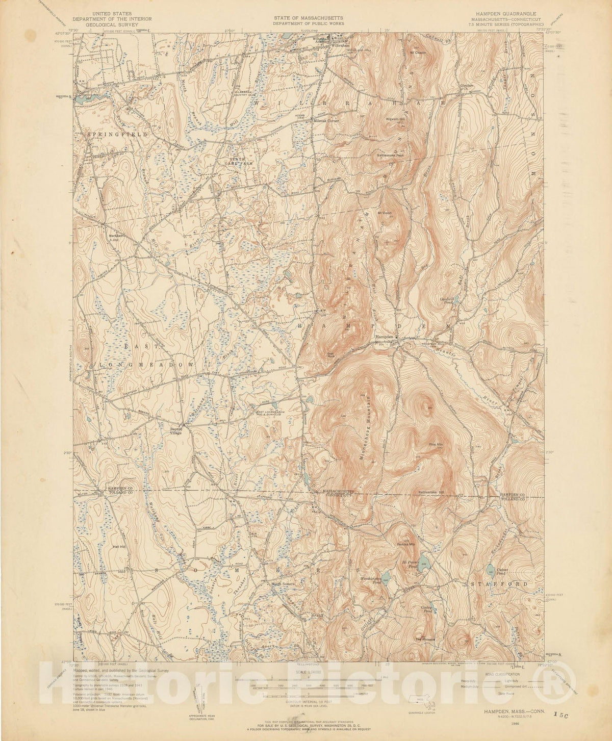 Historic Map : USGS 7.5 Minute Sheets and Quadrangles, Hampden 1946 Topographic Map , Vintage Wall Art