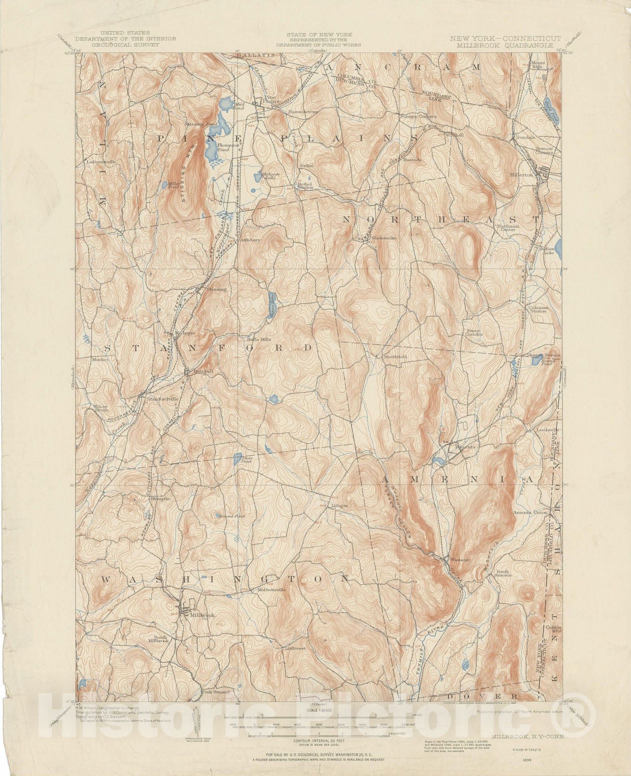 Historic Map : USGS 7.5 Minute Sheets and Quadrangles, Amenia & Millbrook & Pine Plains & Stanford & Washington 1927 Topographic Map , Vintage Wall Art