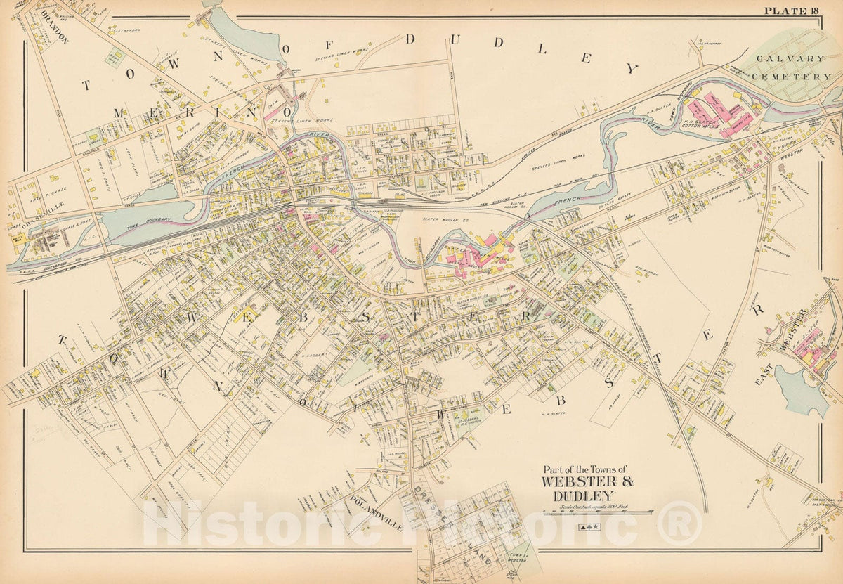 Historic Map : New Topo Atlas County of Worcester, Dudley & Webster 1898 Plate 018 , Vintage Wall Art