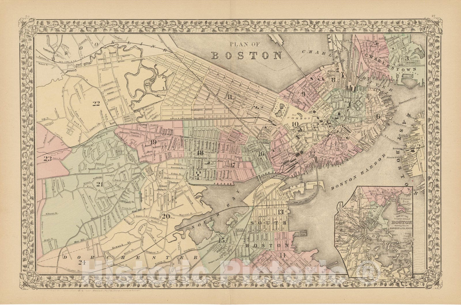 Historic Map : Boston 1882 , Mitchell's New General Atlas , Vintage Wall Art