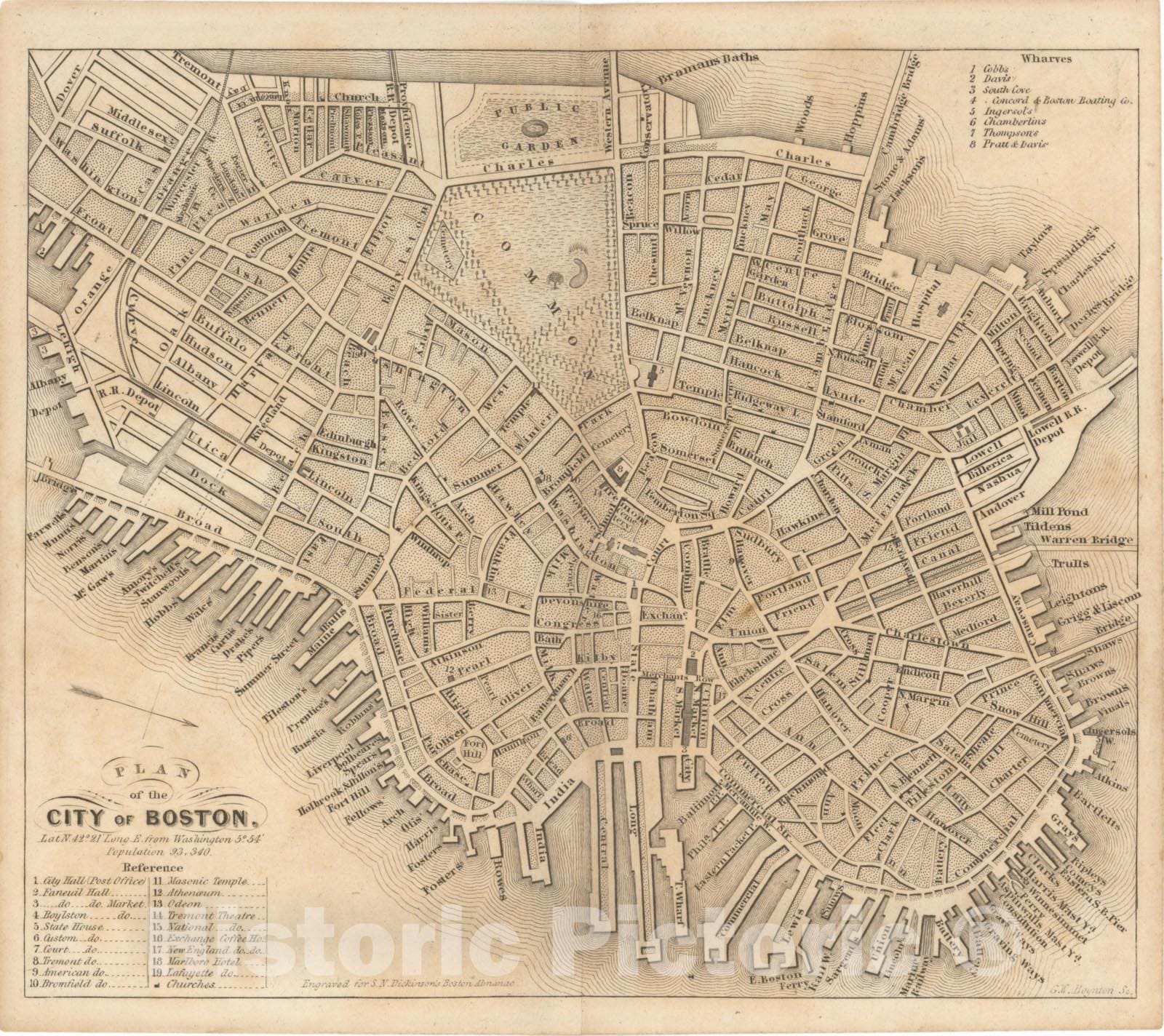 Historic Map : Boston Directory & Almanac, Boston 1843 , Vintage Wall Art