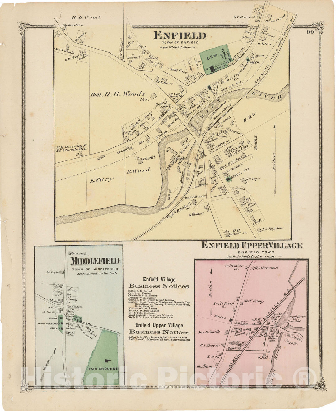 Historic Map : Atlas of Hampshire County Massachusetts, Enfield & Middlefield 1873 , Vintage Wall Art