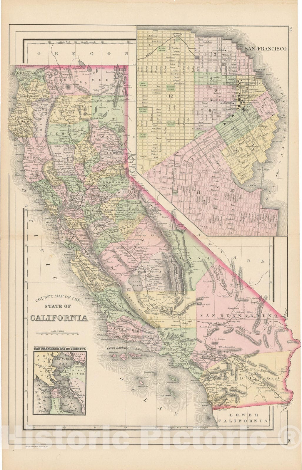 Historic Map : California 1886 , Century Atlas of the World, Vintage Wall Art