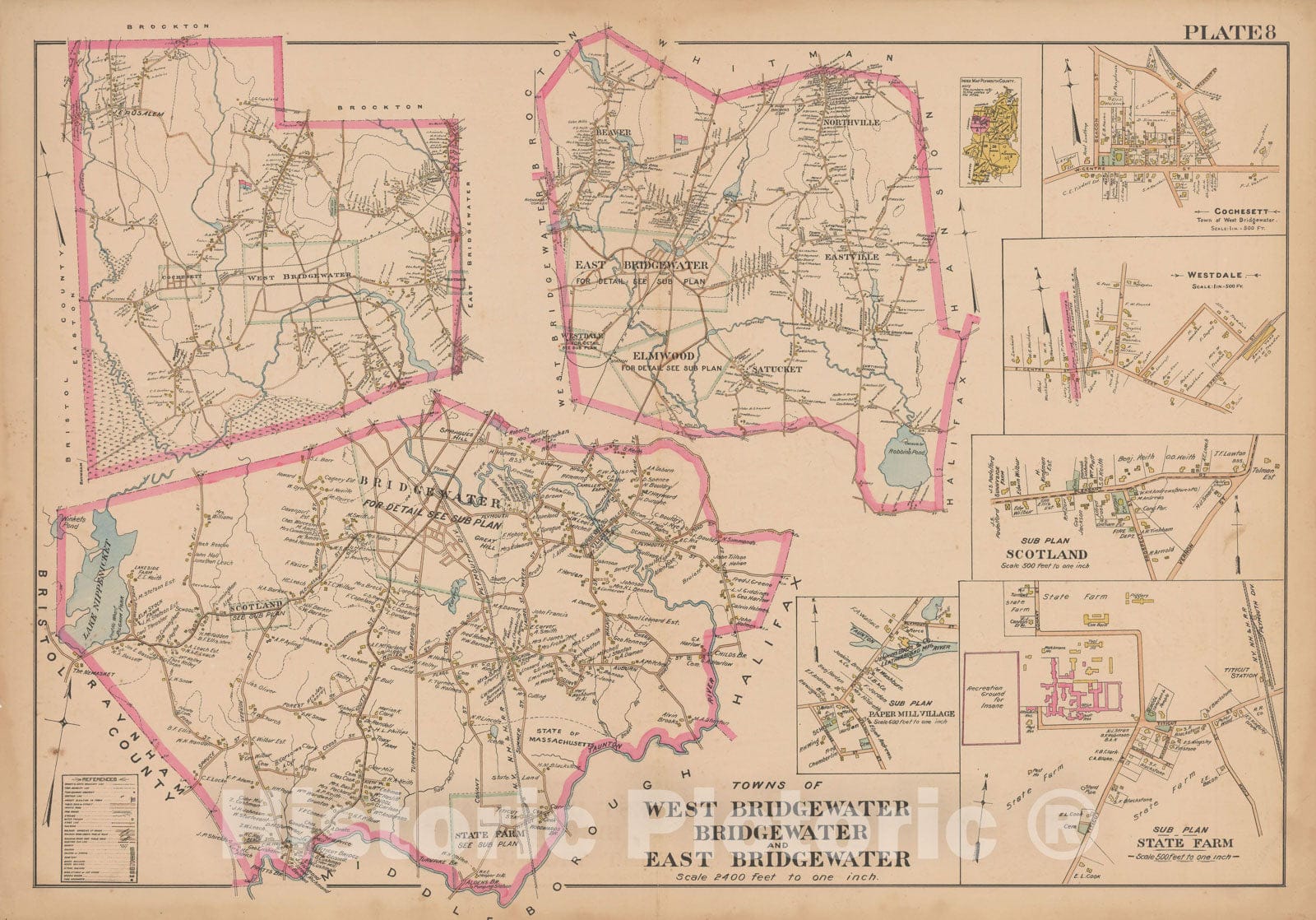 Historic Map : Topographical Atlas of Surveys of Plymouth County, MA, Bridgewater & East Bridgewater & West Bridgewater 1903 Plate 008 , Vintage Wall Art