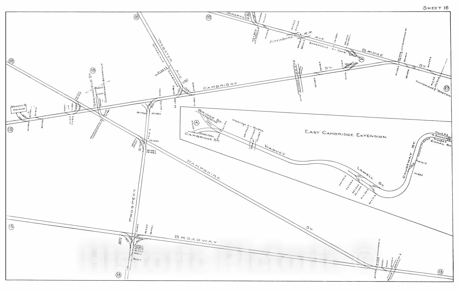 Historic Map : Boston Elevated Railway Track Plans, Cambridge 1899-1915 Plate 016 , Vintage Wall Art