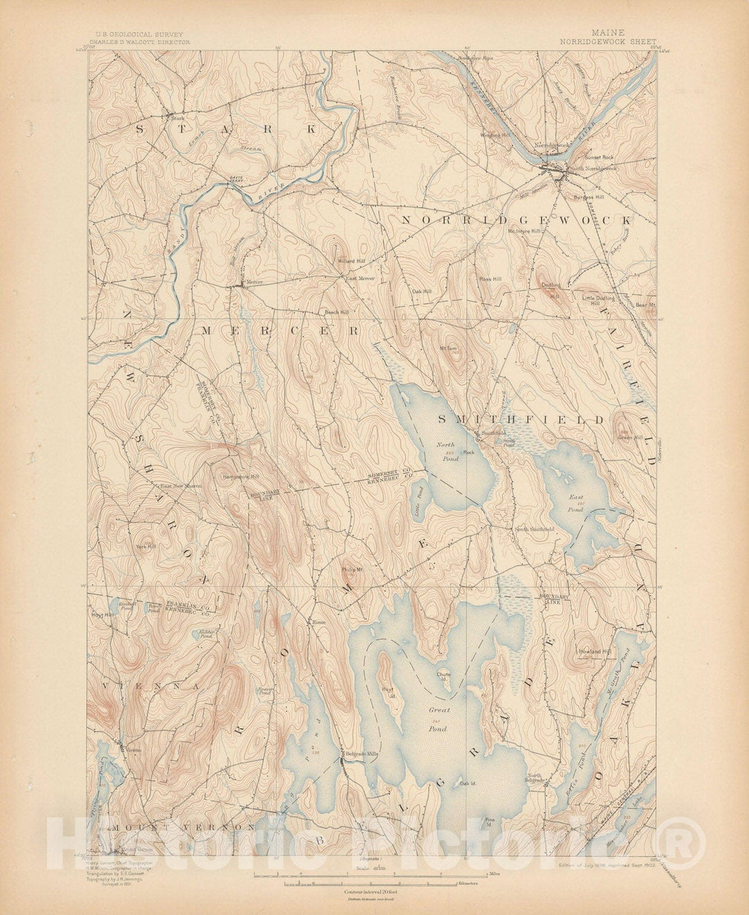 Historic Map : Atlas of Maine 1905, Mercer & Norridgewock & Smithfield 1905 Topographic Map , Vintage Wall Art