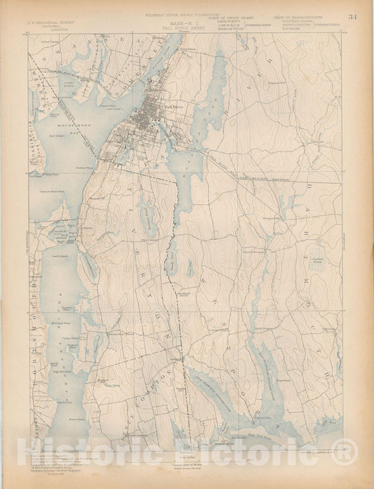 Historic Map : Atlas of Massachusetts, Dartmouth & Fall River & Westport 1890 Page 34 , Vintage Wall Art