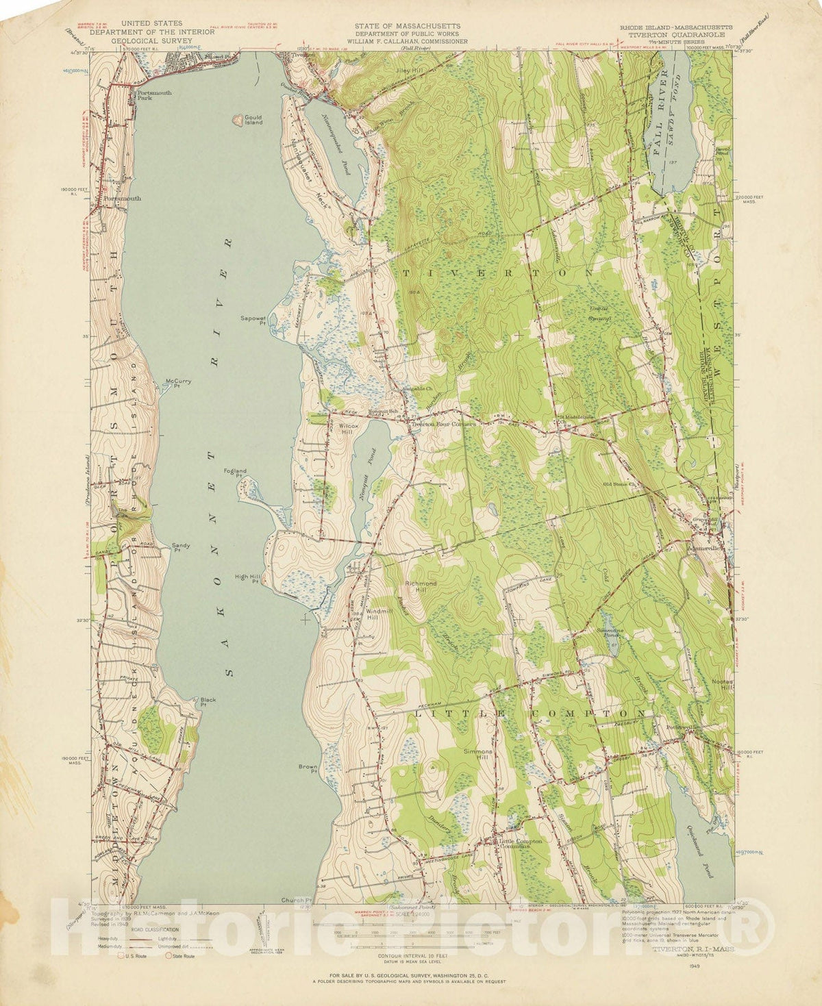 Historic Map : USGS 7.5 Minute Sheets and Quadrangles, Little Compton & Tiverton 1949 Topographic Map , Vintage Wall Art