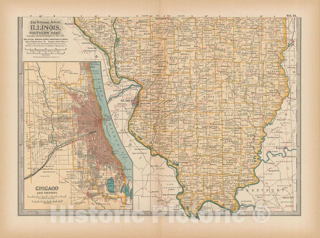 Historic Map : Illinois 1897 , The Century Atlas World , Vintage Wall Art