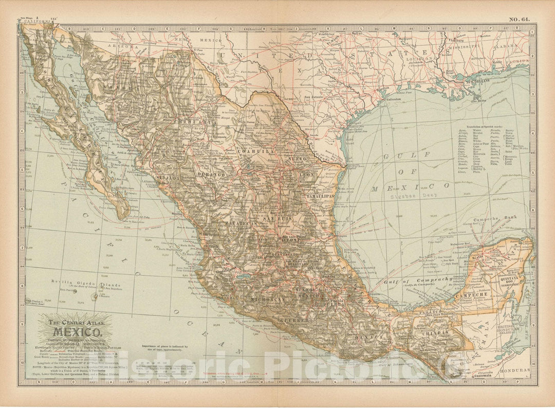 Historic Map : Mexico 1914 , Century Atlas of the World, Vintage Wall Art