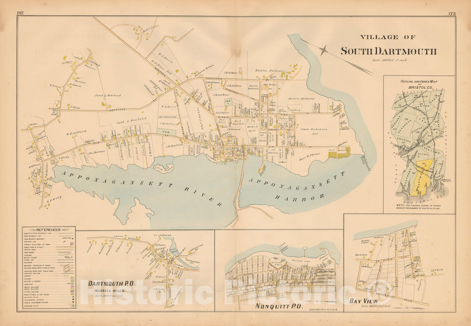 Historic Map : New Topographical Atlas of Surveys Bristol County Massachusetts, Dartmouth 1895 , Vintage Wall Art