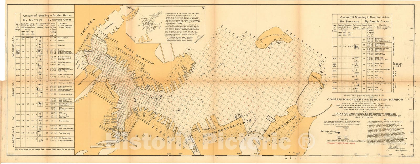 Historic Map : Boston Harbor Shoaling Survey 1902 Charles River Dam Report , Vintage Wall Art