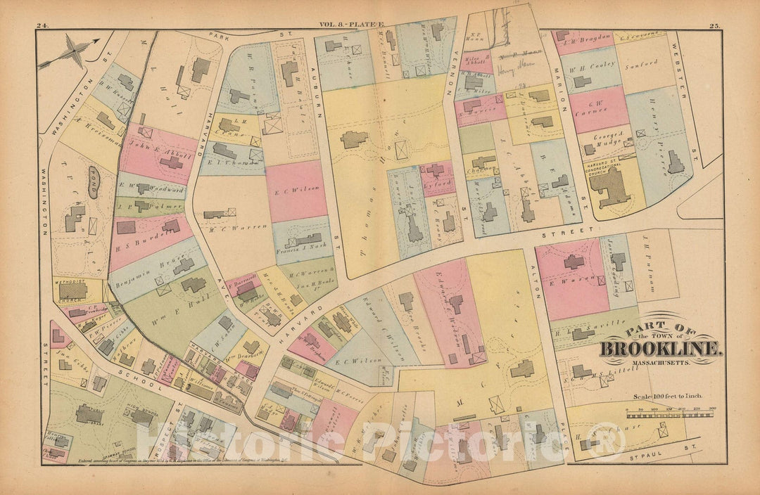 Historic Map : Atlas Town of Brookline, Brookline 1874 Plate E , Vintage Wall Art