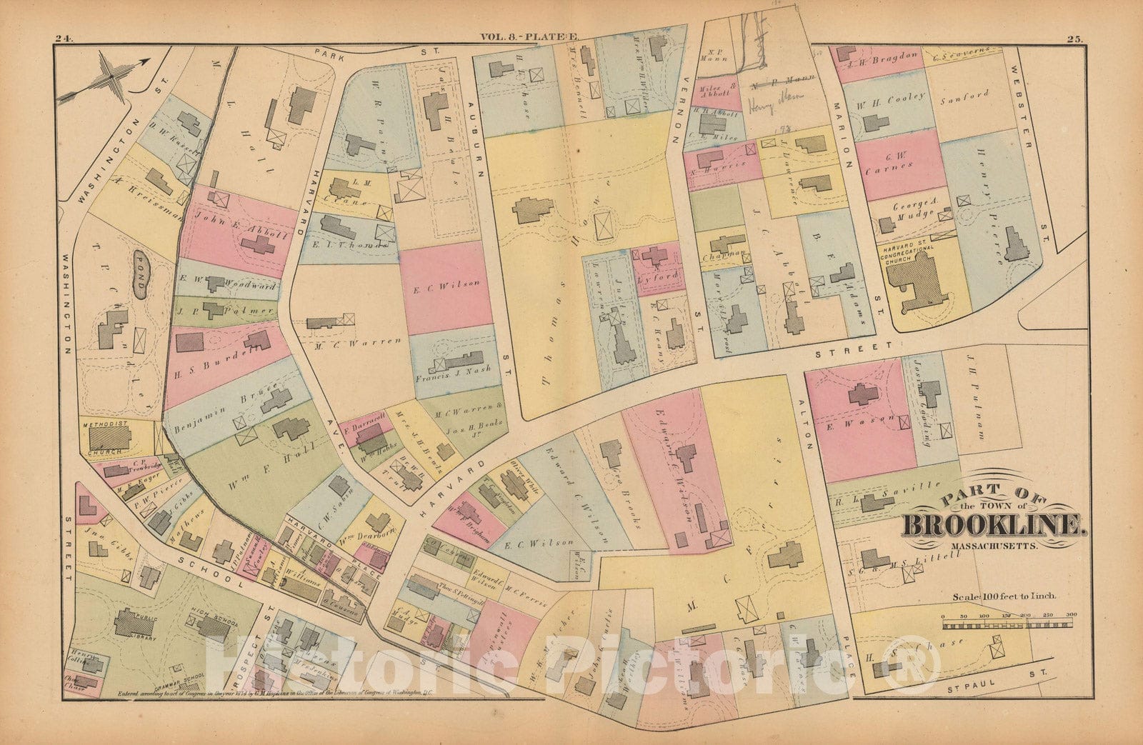 Historic Map : Atlas Town of Brookline, Brookline 1874 Plate E , Vintage Wall Art