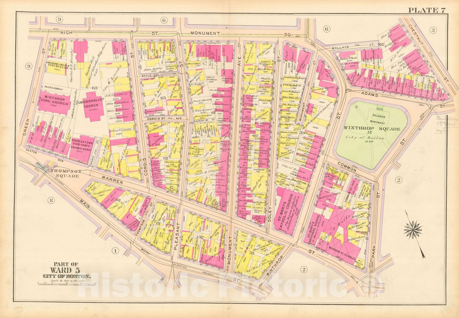 Historic Map : Atlas City of Boston: Charlestown and East Boston, Charlestown 1912 Plate 007 , Vintage Wall Art
