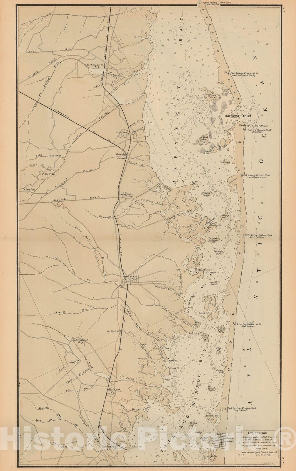 Historic Map : Barnegat & Beach Haven & Long Beach Island & Manahawken 1878 Topographic Map , Vintage Wall Art