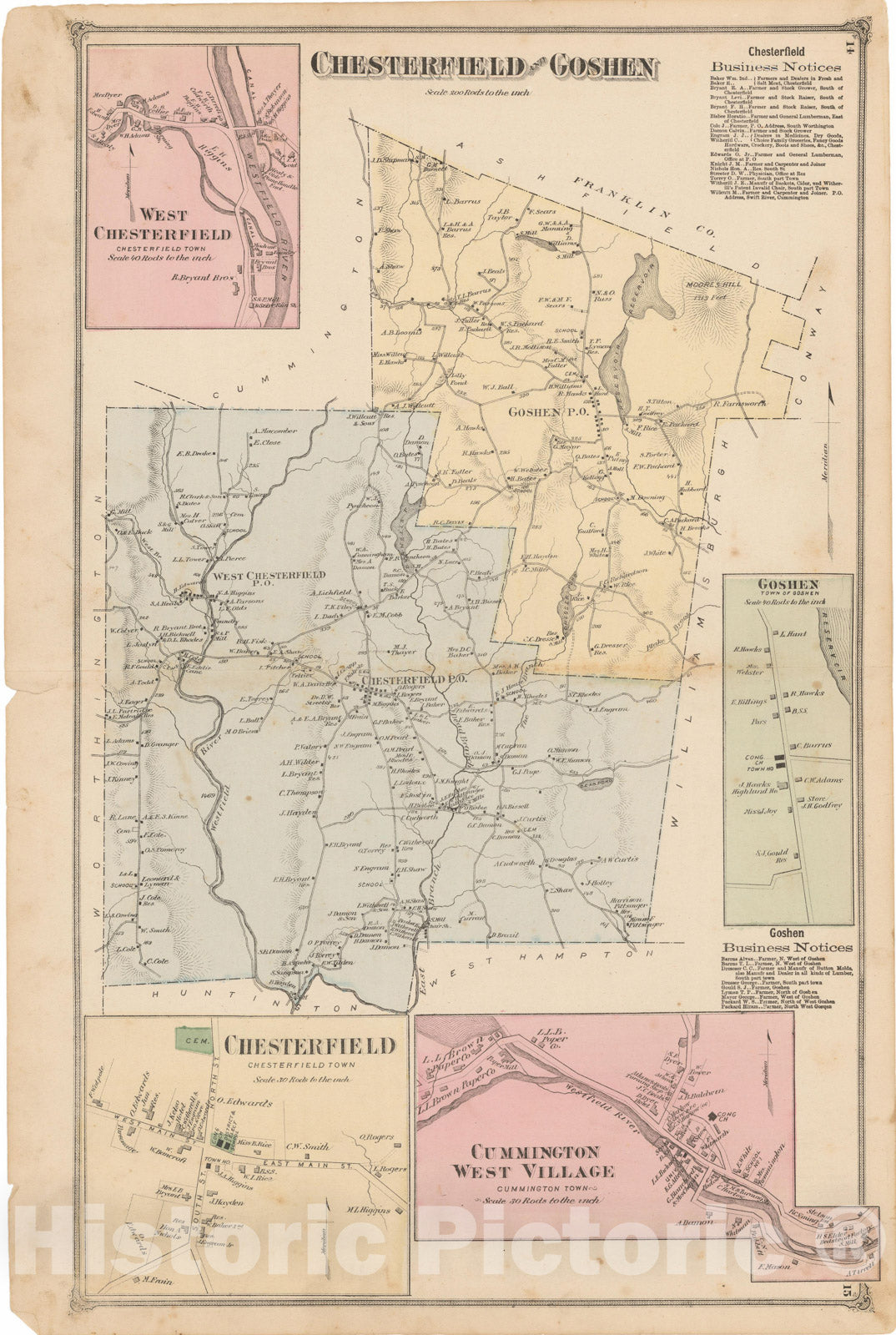 Historic Map : Atlas of Hampshire County Massachusetts, Chesterfield & Cummington & Goshen 1873 , Vintage Wall Art