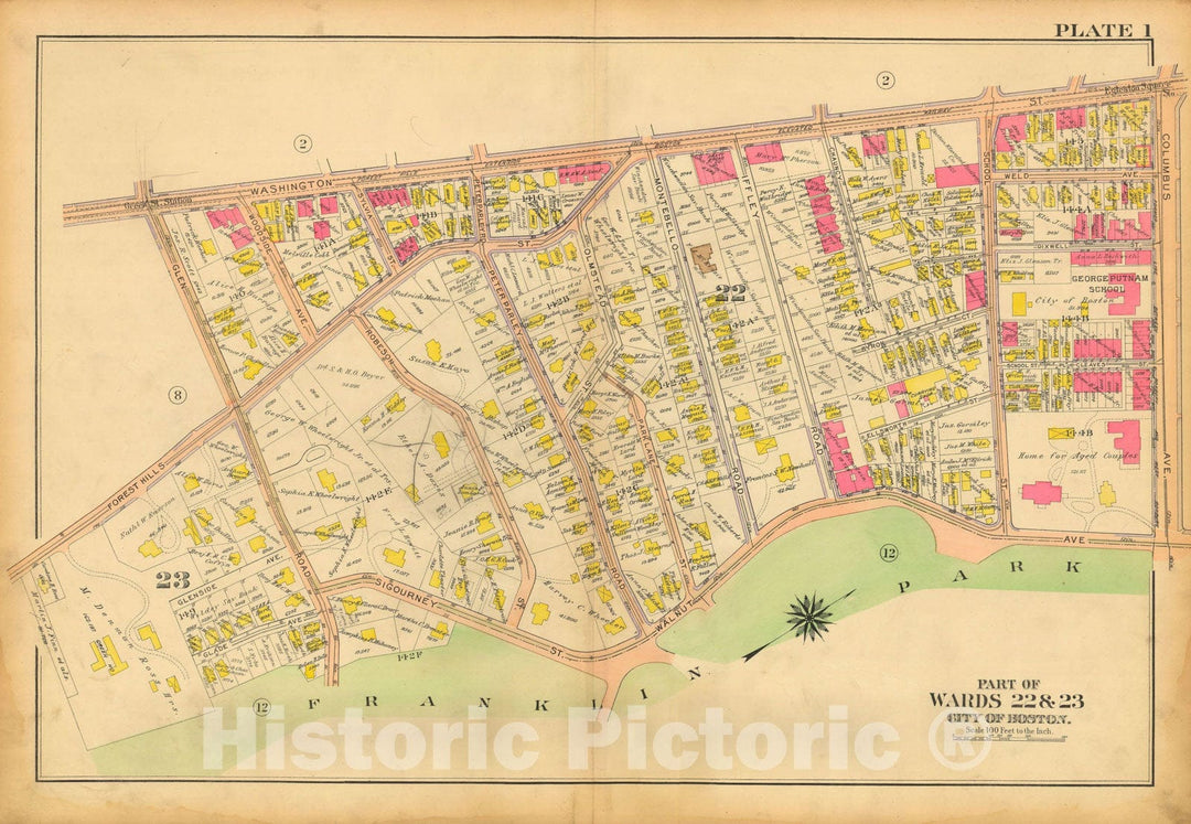 Historic Map : Atlas City of Boston, West Roxbury, Jamaica Plain 1914 Plate 001 , Vintage Wall Art