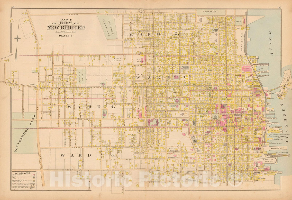Historic Map : New Topographical Atlas of Surveys Bristol County Massachusetts, New Bedford 1895 Plate 002 , Vintage Wall Art