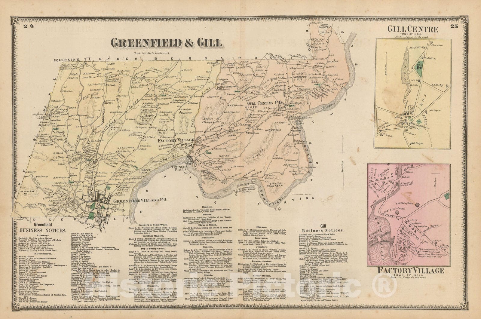 Historic Map : Atlas of Franklin Co. Massachusetts, Gill & Greenfield 1871 , Vintage Wall Art